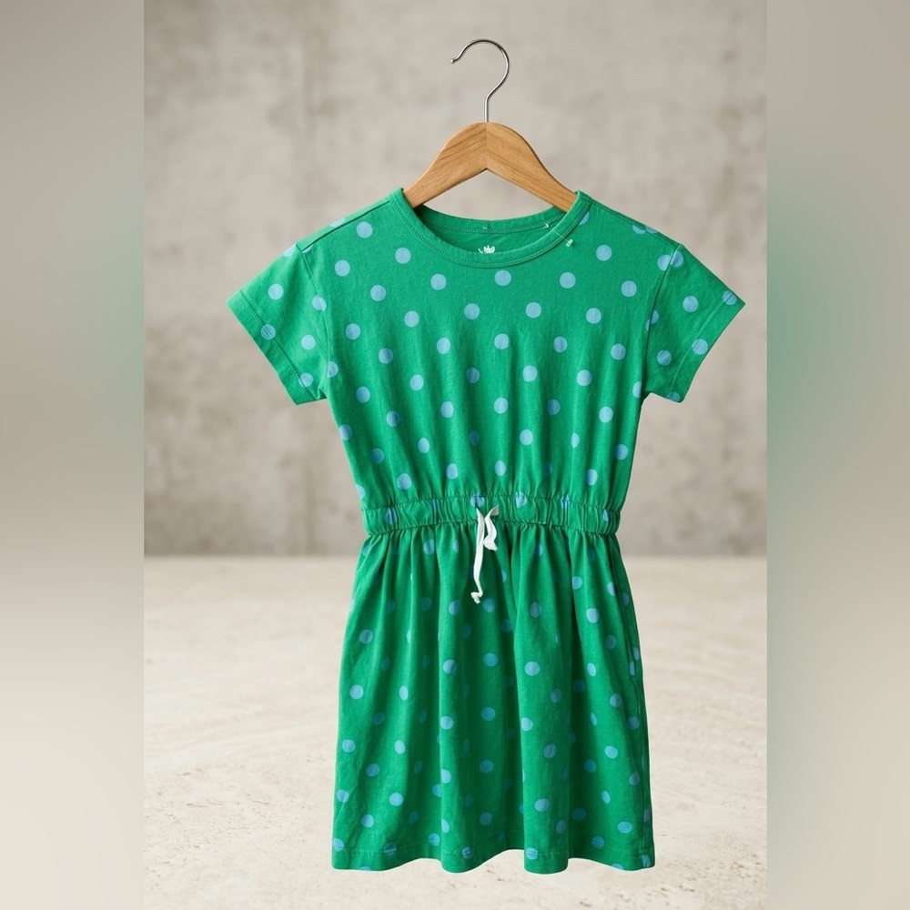 Primary Girls Green Blue Polka Dot Short Sleeve Cotton Dress Size 8-9